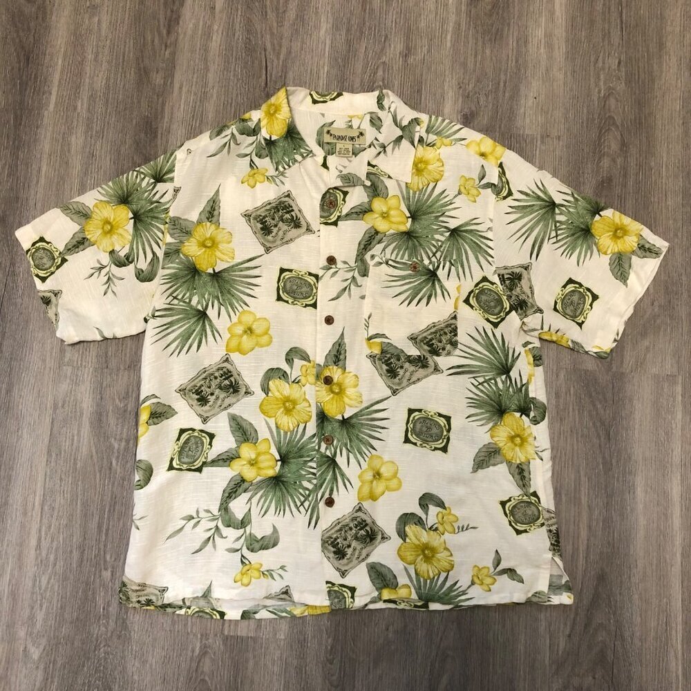 Paradise Coves Linen Hawaiian Short Sleeve Shirt Men's Size Large Neutral Green